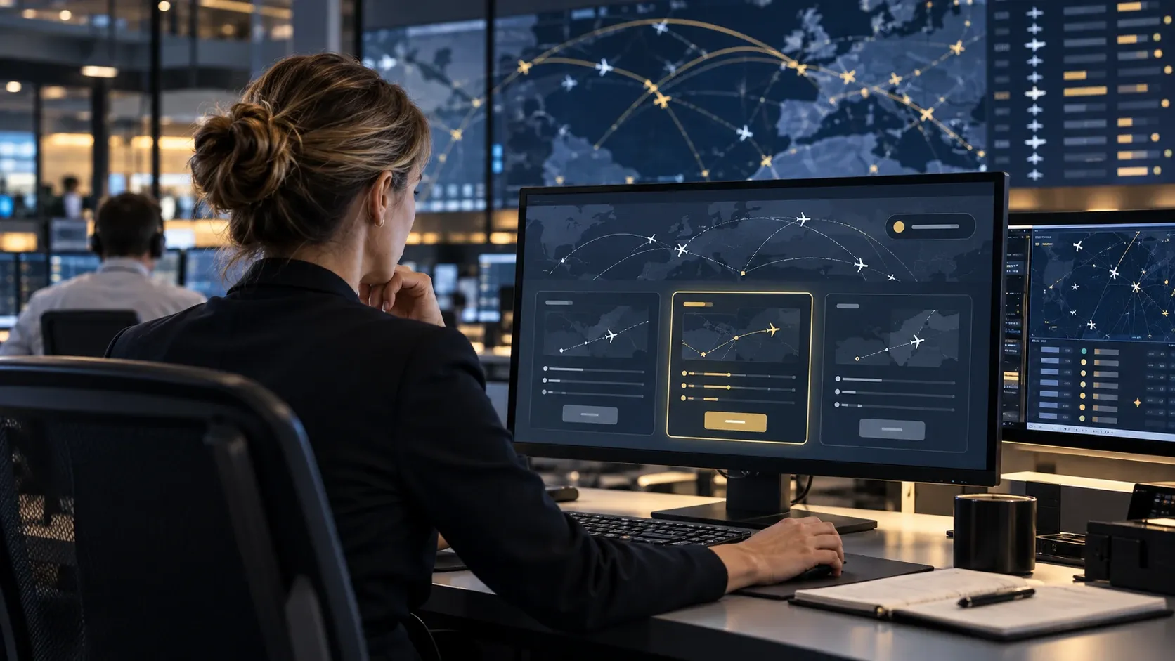 Airline operations controller reviewing decision support alternatives in an integrated operations control centre.