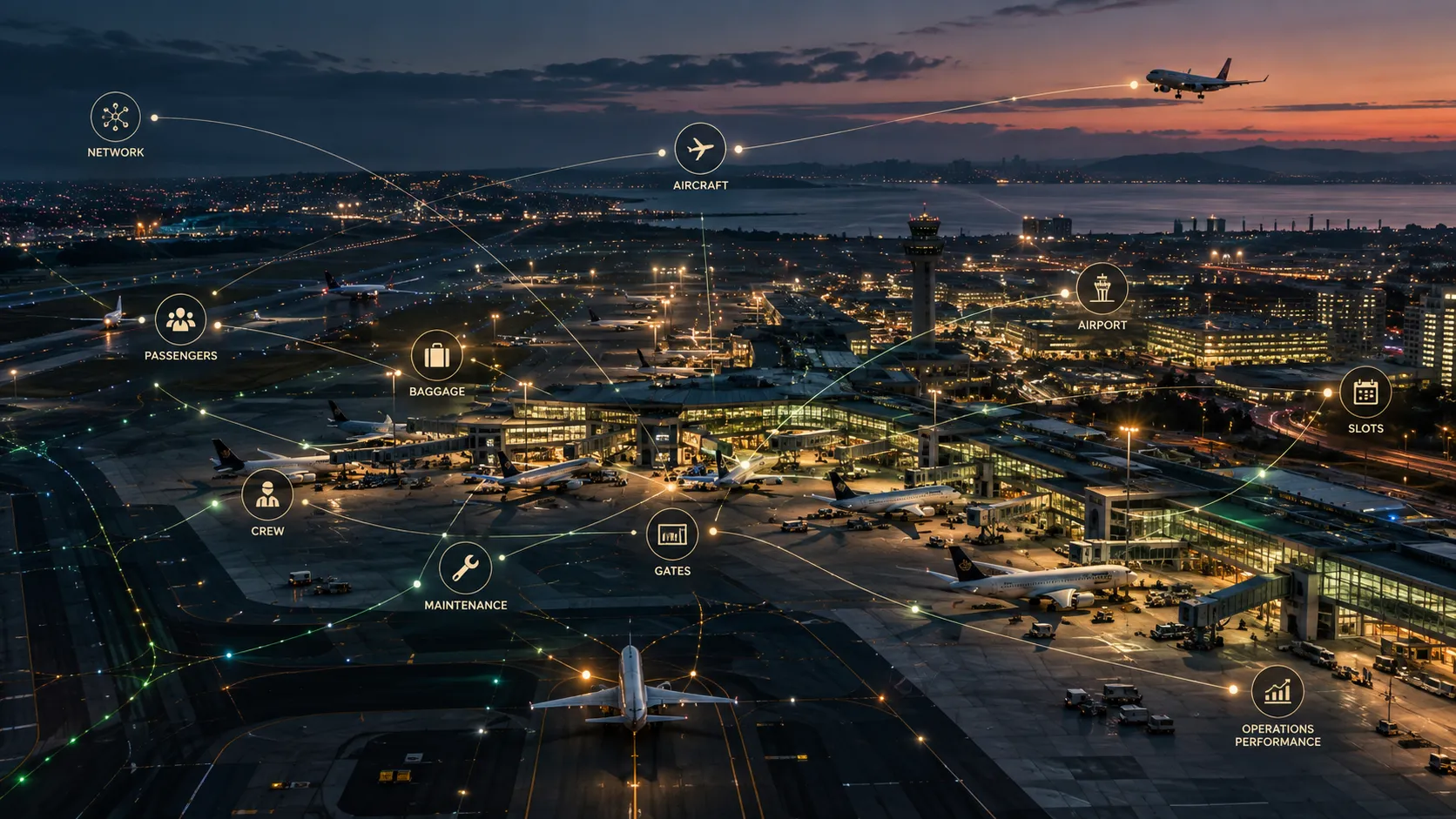 Airline hub operation illustrating interconnected operational decision domains including aircraft, passengers, crew, baggage, gates and network performance.