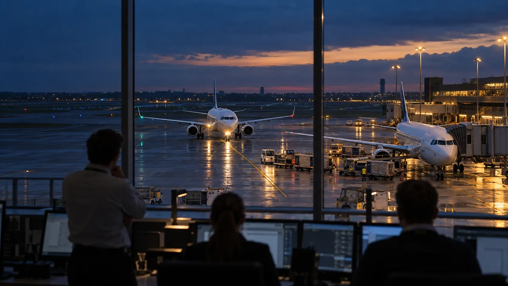 Airline operations staff overlooking an arriving aircraft and another aircraft at a departure gate at dusk.